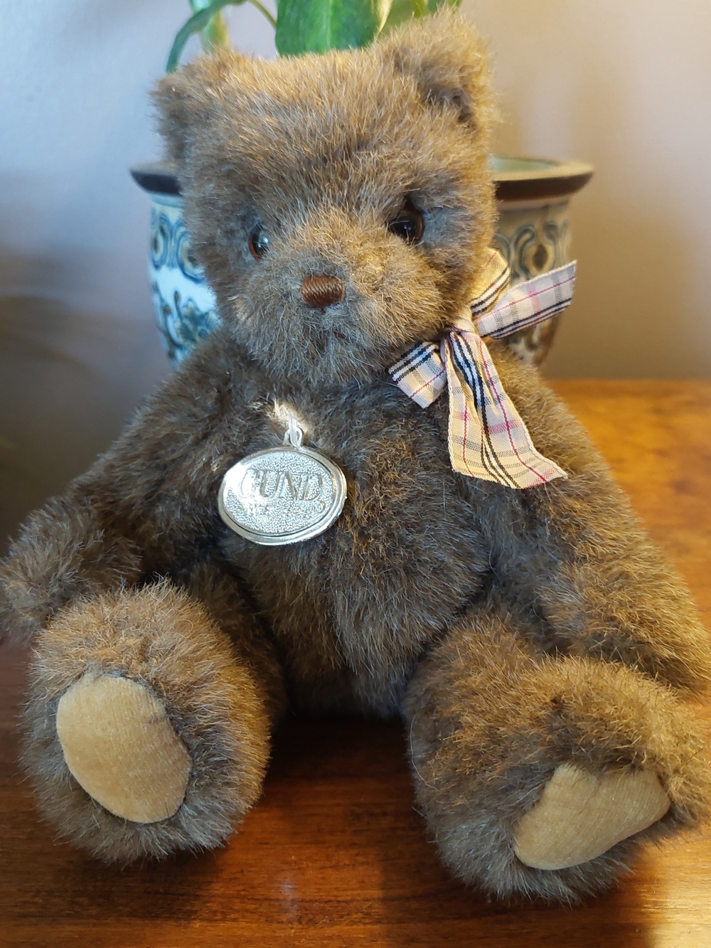 Brown Plush 1990 Teddy Bear with Plaid Bow by GUND